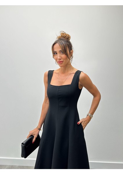 Kadın Kalın Askılı Kare Yaka Siyah Kloş Elbise fiyatları