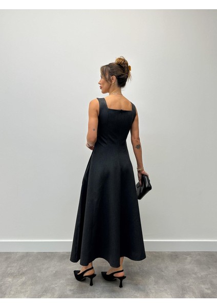 Kadın Kalın Askılı Kare Yaka Siyah Kloş Elbise fırsatları