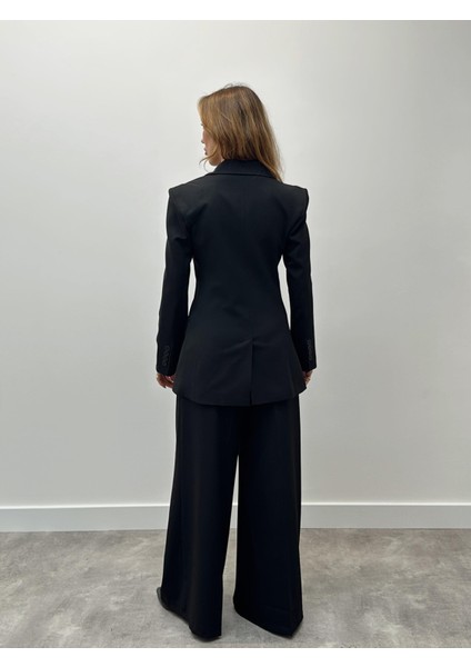 Kadın Tek Düğme Piliseli Palazzo Pantolon Siyah Blazer Takım indirimleri