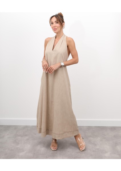 Kadın Çapraz Sırt Detay Bej Askılı Elbise