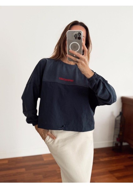 Kadın Modal Kumaş Paraşüt Detay Büzgülü Mavi Sweatshirt