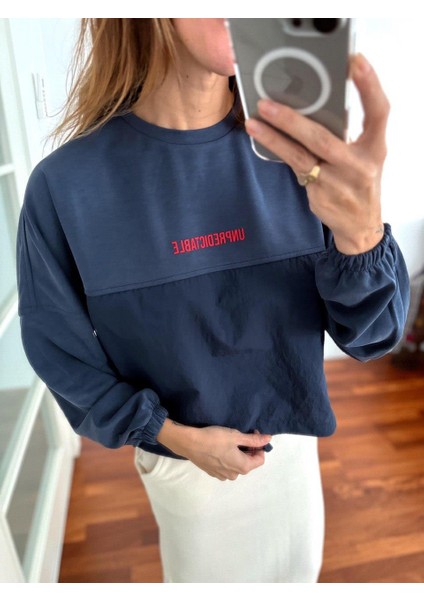 Kadın Modal Kumaş Paraşüt Detay Büzgülü Mavi Sweatshirt modelleri