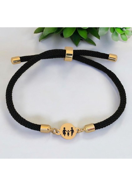 Aile Temalı Siyah Örgü İpli Yuvarlak Motifli 14 Ayar Altın Plakalı Hediye fiyatları