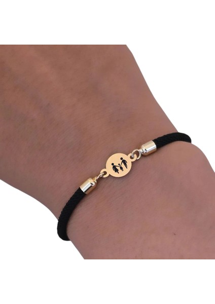 Aile Temalı Siyah Örgü İpli Yuvarlak Motifli 14 Ayar Altın Plakalı Hediye fırsatları