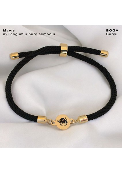 Boğa Burçlarına 14 Ayar Altın Plakalı Siyah Örgü İpli Yuvarlak Motifli Hediye fiyatları