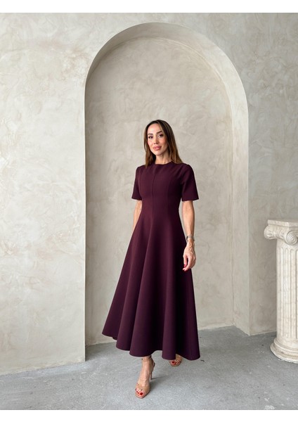 Kadın Maxi Boy Kloş Prenses Mürdüm Elbise