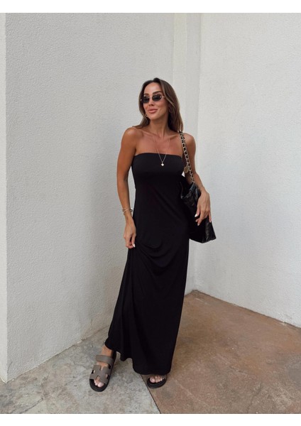 Kadın Straplez Sandy Kumaş Siyah Elbise