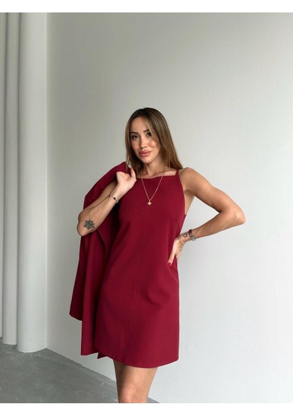 Kadın Mini Boy Askılı Bordo Elbise