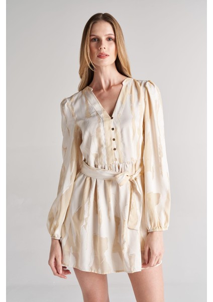 Kadın Desenli Gold Düğme Mini Astarlı Elbise