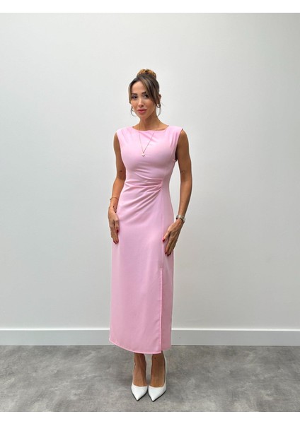 Kadın Bel Drapeli Yırtmaç Detay Vatkalı Pembe Elbise