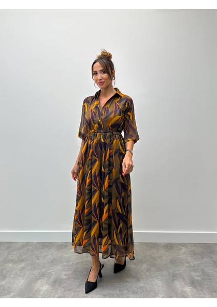 Kadın Şifon Desenli Turuncu Elbise