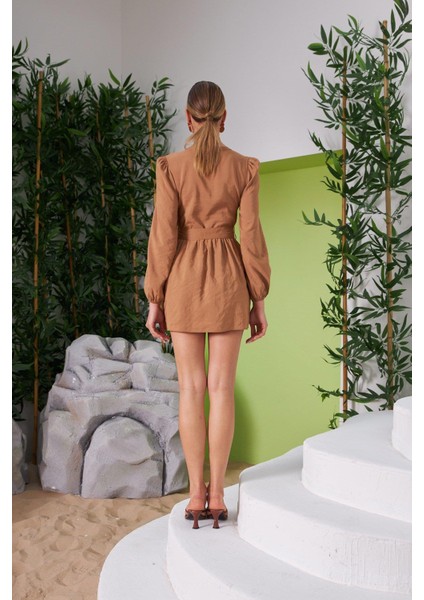 Kadın Kuşaklı Mini Astarlı Kahve Elbise fırsatları