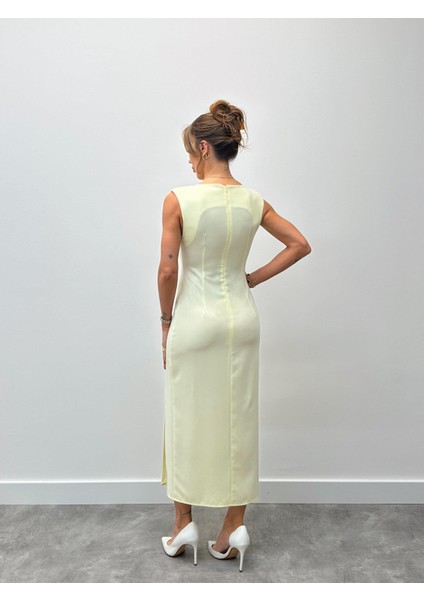 Kadın Bel Drapeli Yırtmaç Detay Vatkalı Sarı Elbise fırsatları