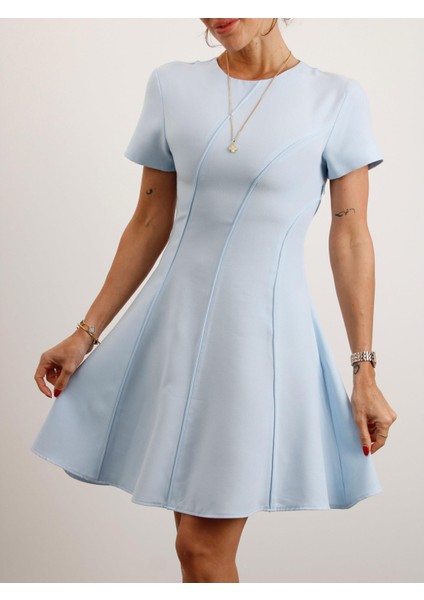 Kadın Kısa Kol Biyeli Mavi Çan Elbise fiyatları