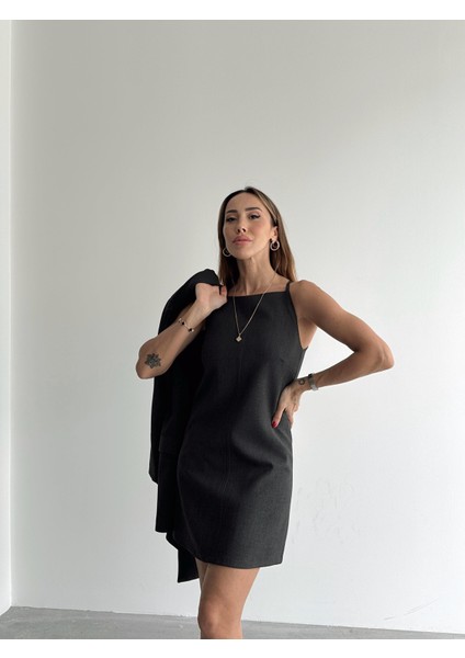 Kadın Mini Boy Askılı Antrasit Elbise