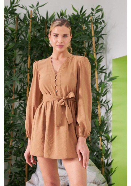 Kadın Kuşaklı Mini Astarlı Kahve Elbise