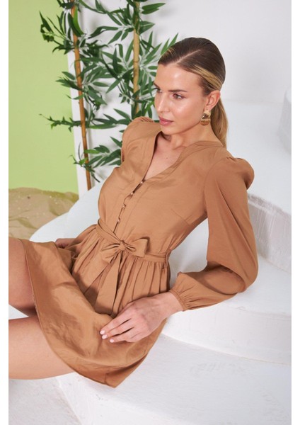 Kadın Kuşaklı Mini Astarlı Kahve Elbise fiyatları