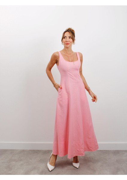 Kadın Askılı Cepli Pembe Keten Elbise