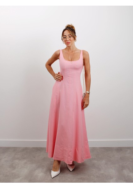Kadın Askılı Cepli Pembe Keten Elbise modelleri