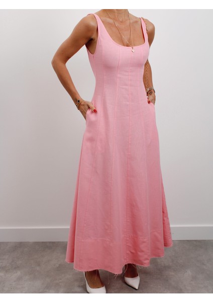 Kadın Askılı Cepli Pembe Keten Elbise fırsatları