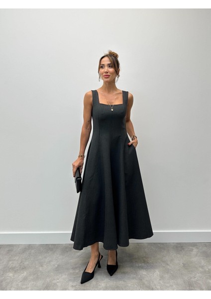 Kadın Kalın Askılı Kare Yaka Antrasit Kloş Elbise