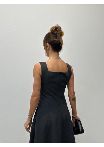 Kadın Kalın Askılı Kare Yaka Antrasit Kloş Elbise modelleri