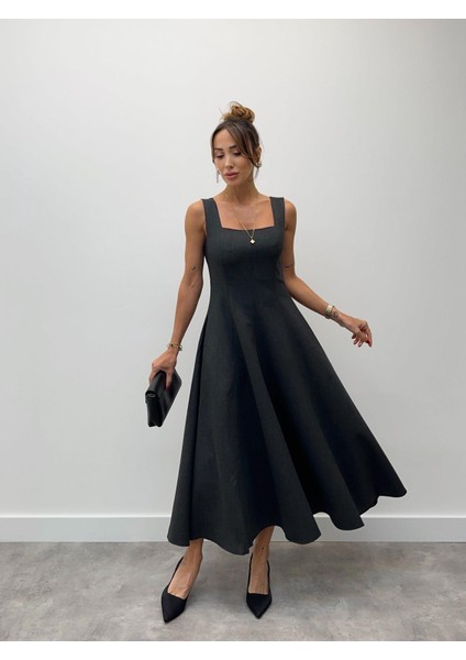 Kadın Kalın Askılı Kare Yaka Antrasit Kloş Elbise indirimleri