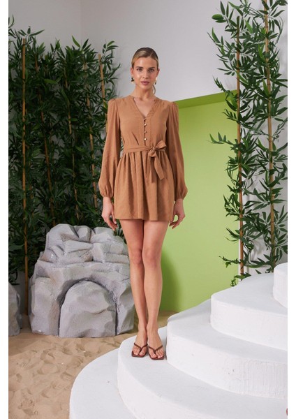 Kadın Kuşaklı Mini Astarlı Kahve Elbise modelleri