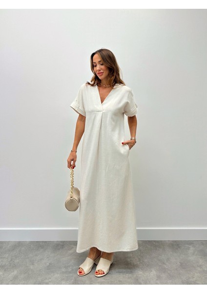 Kadın Keten V Yaka Krem Elbise
