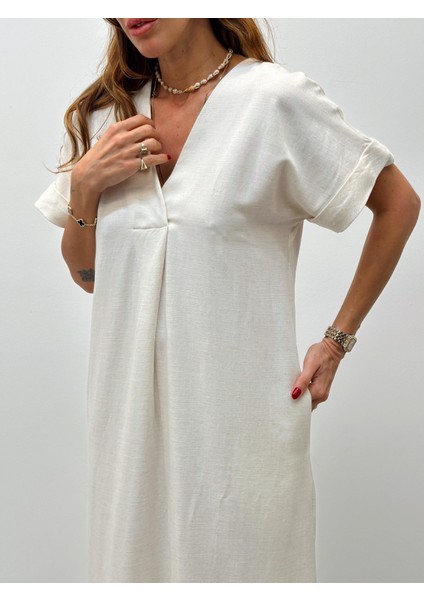 Kadın Keten V Yaka Krem Elbise modelleri
