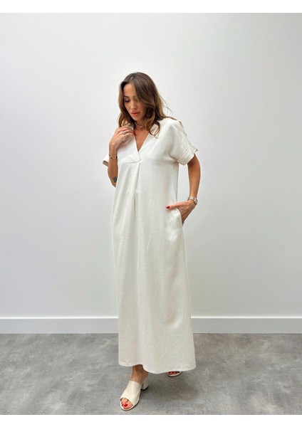 Kadın Keten V Yaka Krem Elbise indirimleri