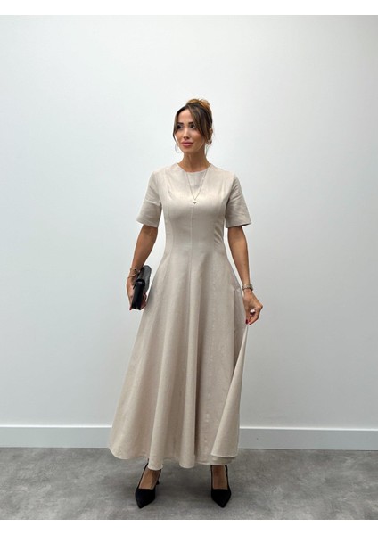 Kadın Maxi Boy Krem Keten Elbise