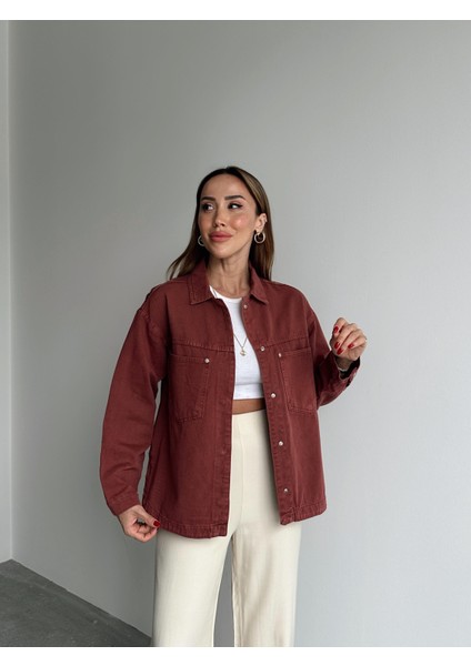 Kadın Gabardin Kumaş Cep Detaylı Kiremit Gömlek