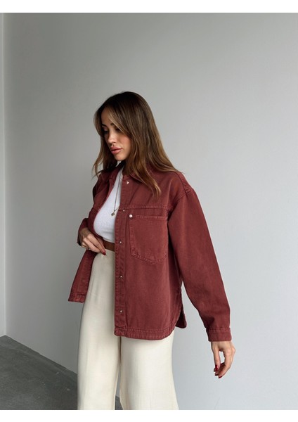 Kadın Gabardin Kumaş Cep Detaylı Kiremit Gömlek modelleri