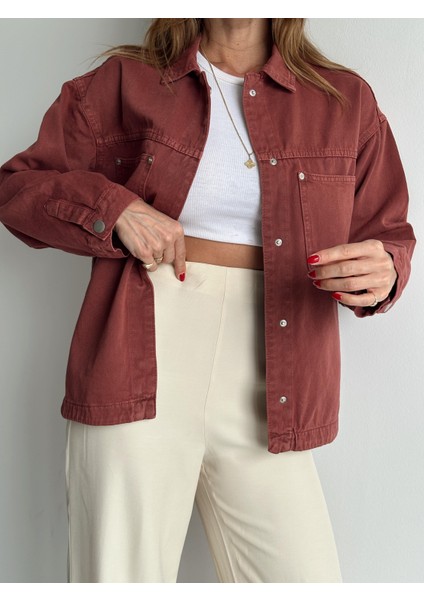 Kadın Gabardin Kumaş Cep Detaylı Kiremit Gömlek fırsatları