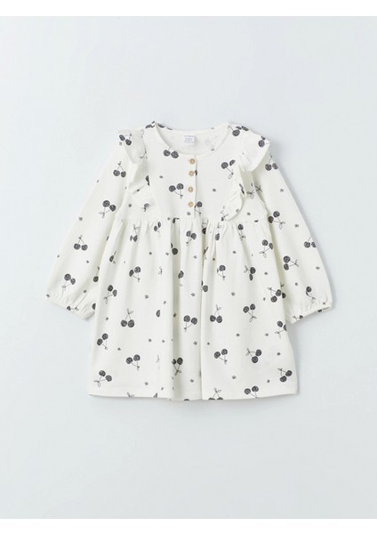 Lcw Kids Ekru Bisiklet Yaka Uzun Kollu Desenli Kız Bebek Elbise