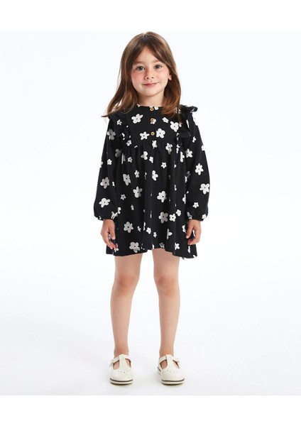 Lcw Kids Siyah Bisiklet Yaka Uzun Kollu Desenli Kız Bebek Elbise