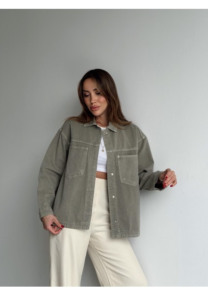 Kadın Gabardin Kumaş Cep Detaylı Yeşil Gömlek
