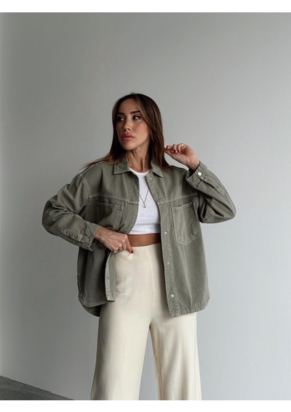 Kadın Gabardin Kumaş Cep Detaylı Yeşil Gömlek indirimleri