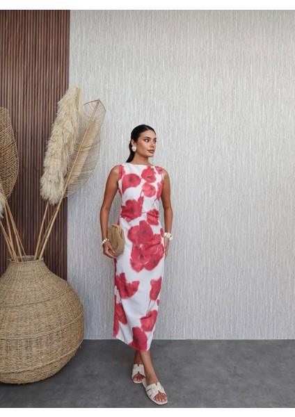 Batik Çiçek Desen Midi Elbise