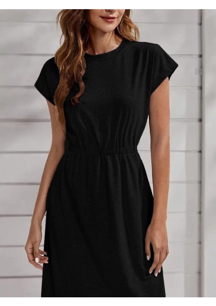 Kadın Kısa Kollu Bisiklet Yaka Belden Lastikli Midi Viskon Elbise S-M-Siyah fırsatları
