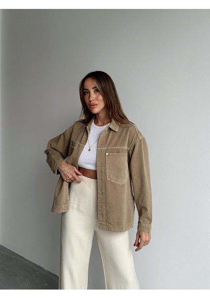 Kadın Gabardin Kumaş Cep Detaylı Krem Gömlek