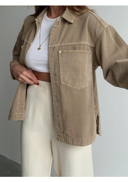 Kadın Gabardin Kumaş Cep Detaylı Krem Gömlek modelleri