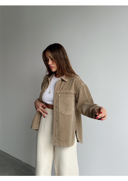 Kadın Gabardin Kumaş Cep Detaylı Krem Gömlek fırsatları