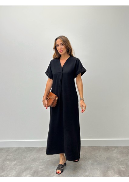 Kadın Keten V Yaka Siyah Elbise
