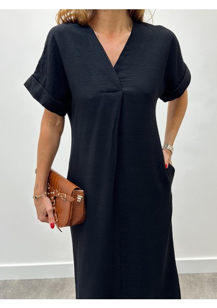 Kadın Keten V Yaka Siyah Elbise modelleri