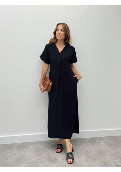 Kadın Keten V Yaka Siyah Elbise fırsatları