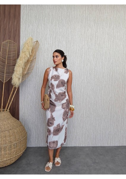 Batik Çiçek Desen Midi Elbise