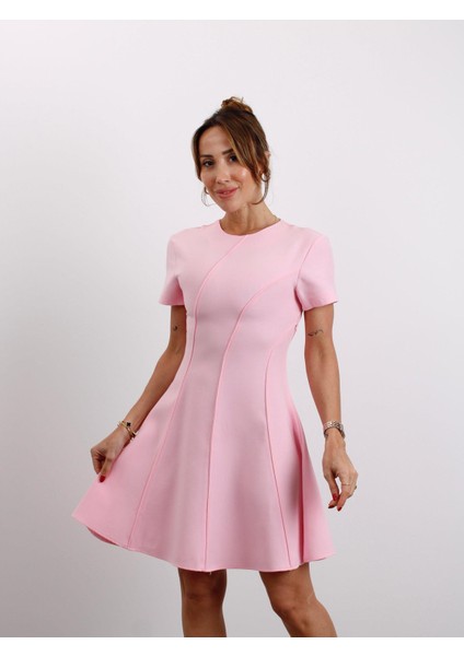Kadın Kısa Kol Biyeli Pembe Çan Elbise