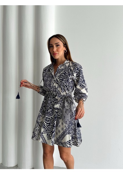 Kadın Beli Lastikli Kuşaklı Tasarım Mini Beyaz Elbise